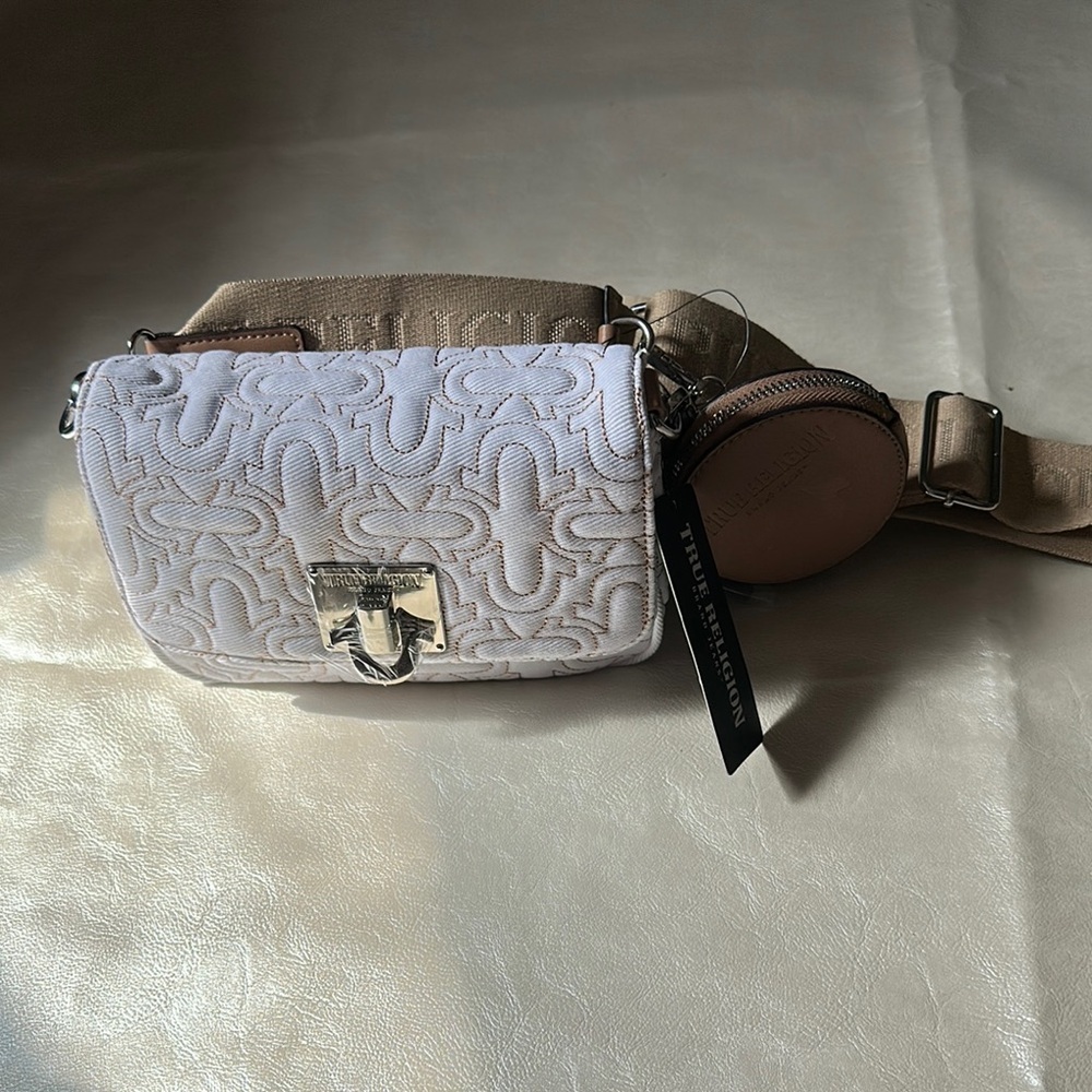 True Religion White and Tan Quilted Crossbody Bag with Gold Clasp